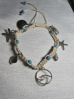 Handmade Macrame Anklet with Turquoise Beads & Silver Sea Charms